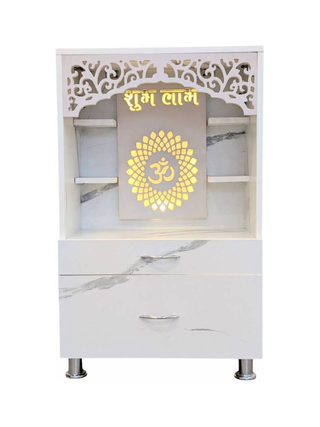 White Marble-Finish Pooja Mandir with LED Backlight