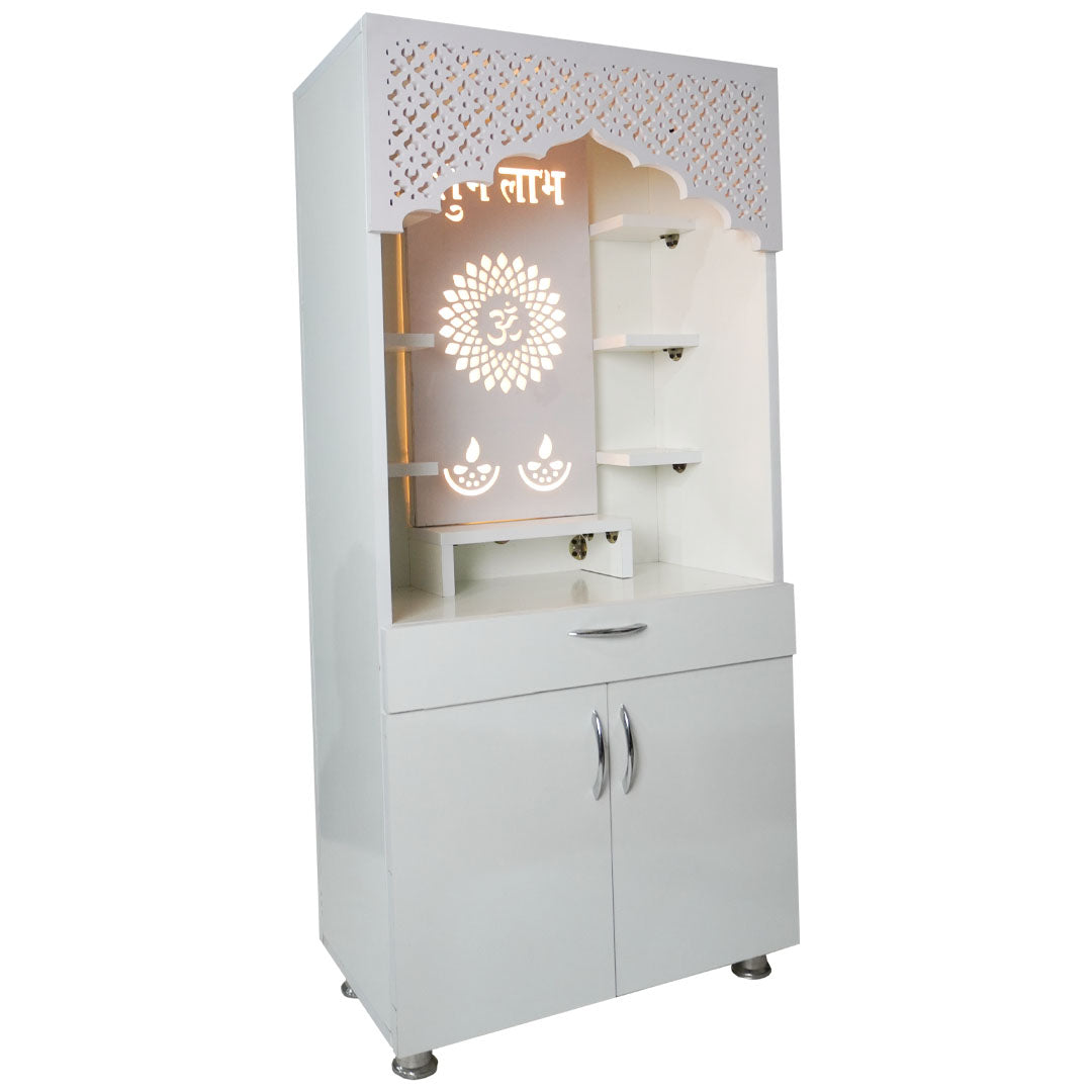 White Wooden Mandir with LED Light & Shubh Labh Design – 130x60x34 cm | Modern Pooja Temple with Storage