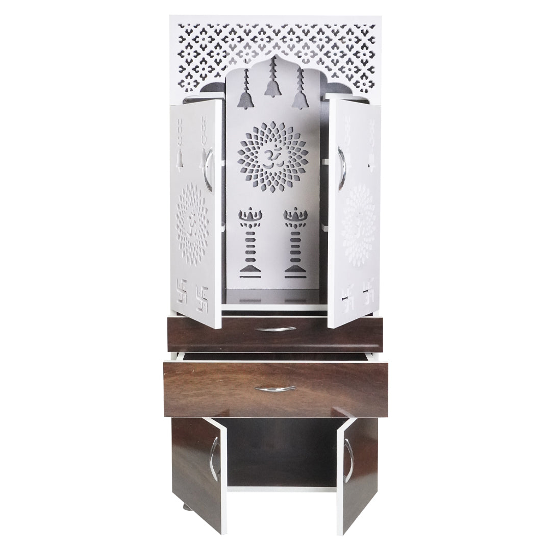 Wooden Home Mandir with LED Light & Storage Drawers – White, Brown & Black Temple Unit (145x60x34 cm) Modern Pooja Cabinet