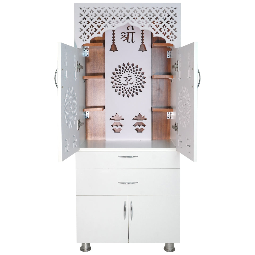 Premium Wooden Mandir for Home with LED Om Panel, Double Drawer & Storage Cabinet | Modern White Pooja Temple Unit