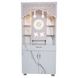 Modern Wooden Mandir with LED Light – White & Brown Finish Temple for Home (130x60x34 cm) | Pooja Mandir with Storage Cabinet