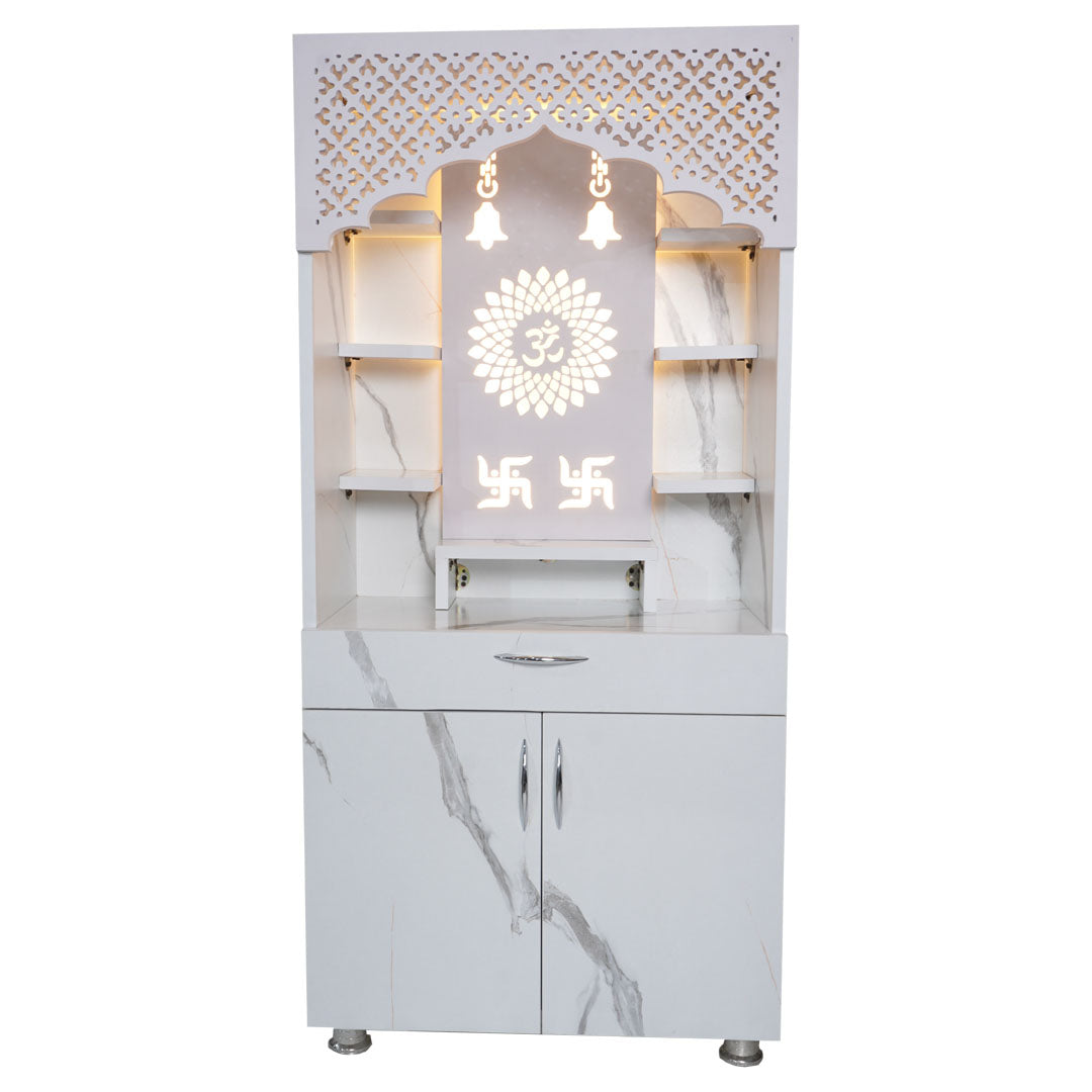 Modern Wooden Mandir with LED Light – White & Brown Finish Temple for Home (130x60x34 cm) | Pooja Mandir with Storage Cabinet