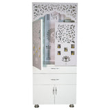 White Wooden Pooja Mandir with LED Light & Storage | Modern Home Temple Cabinet with Drawer & Shelves