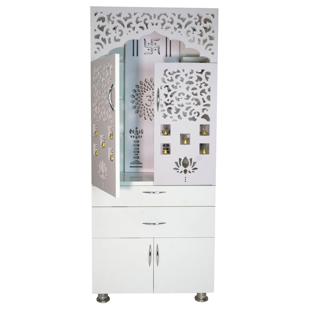 White Wooden Pooja Mandir with LED Light & Storage | Modern Home Temple Cabinet with Drawer & Shelves