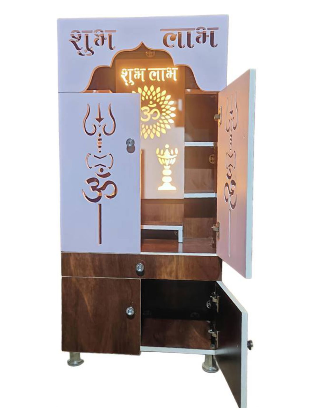 Wooden Pooja Mandir with “Shubh Labh” Design & Storage Cabinet (Dual Tone Finish)