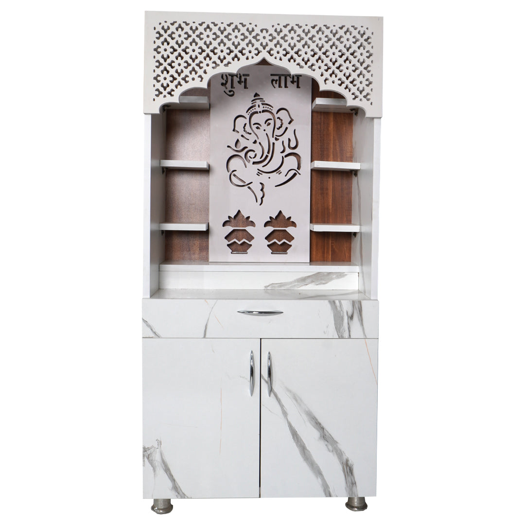 Modern Wooden Mandir with LED Back Panel – Ganesh & Shubh Labh Design Home Temple (130 cm Height)