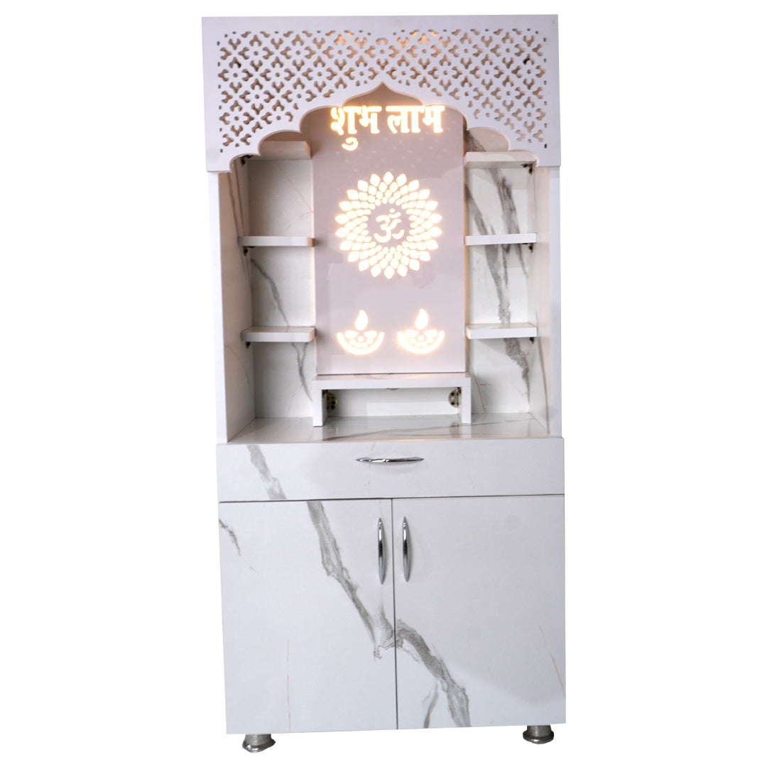 Premium Shubh Labh Wooden Mandir with LED Light – White & Brown Home Temple with Storage (130x60x34 cm)