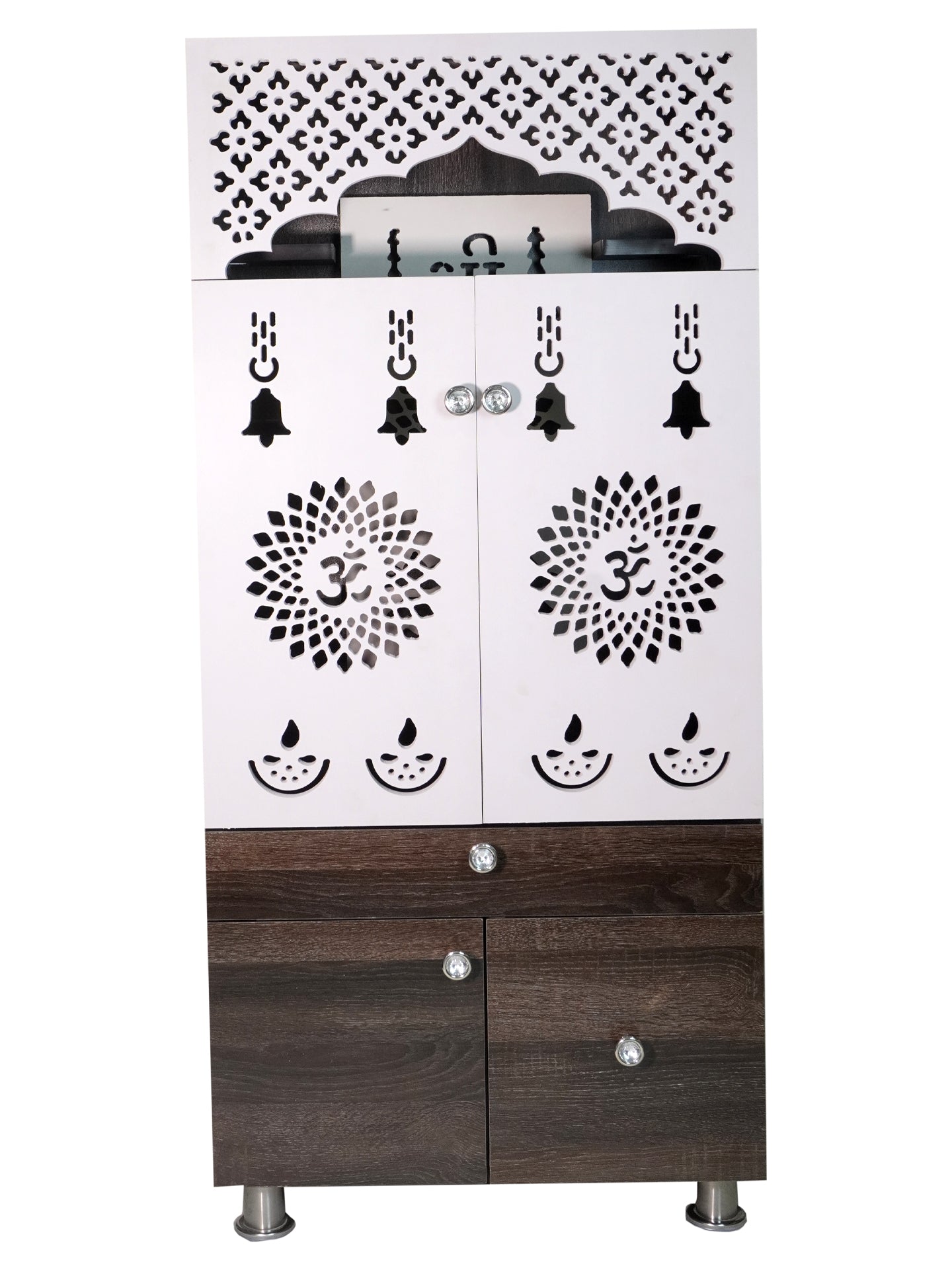 Modern Wooden Mandir with LED Panel & Storage Drawers | Brown & Black Pooja Cabinet (130x60x34 cm)