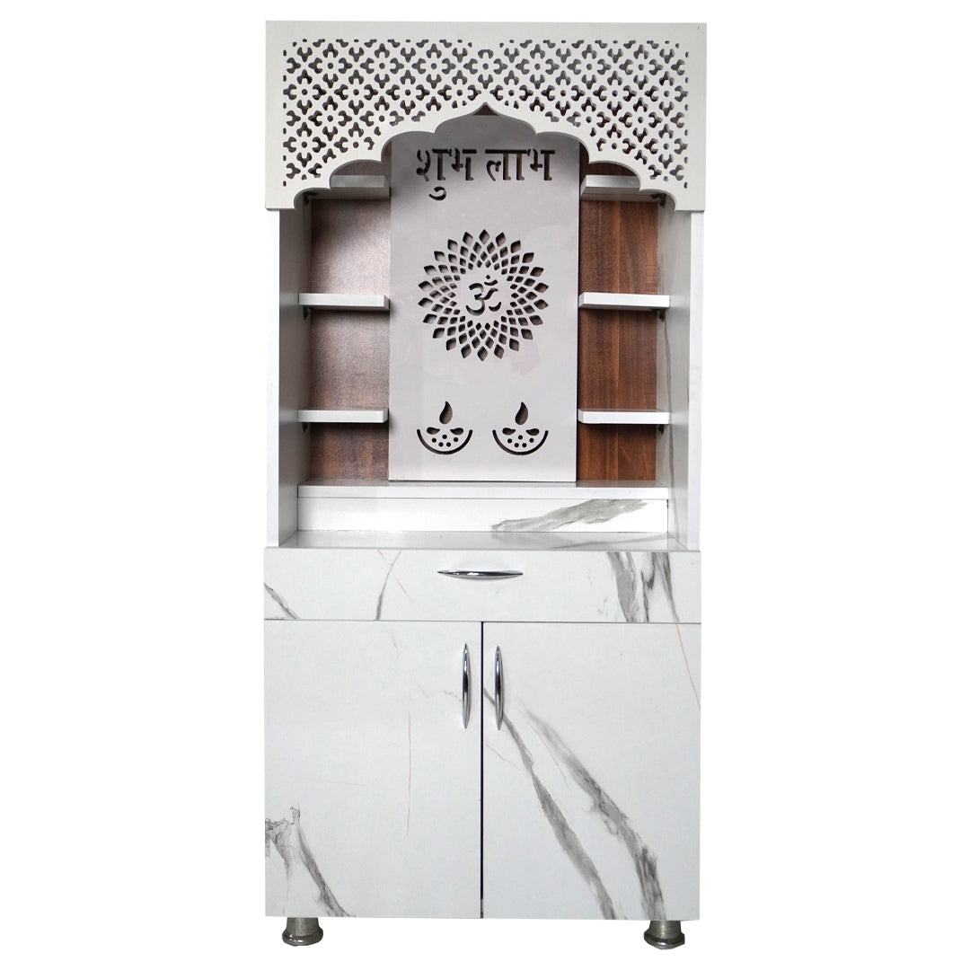 White Marble Finish Mandir with LED Light & Shubh Labh Design – 130x60x34 cm | Modern Wooden Temple for Home with Storage