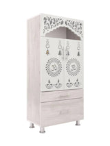 White Wooden Mandir with Dual Drawers & Decorative Jaali Design