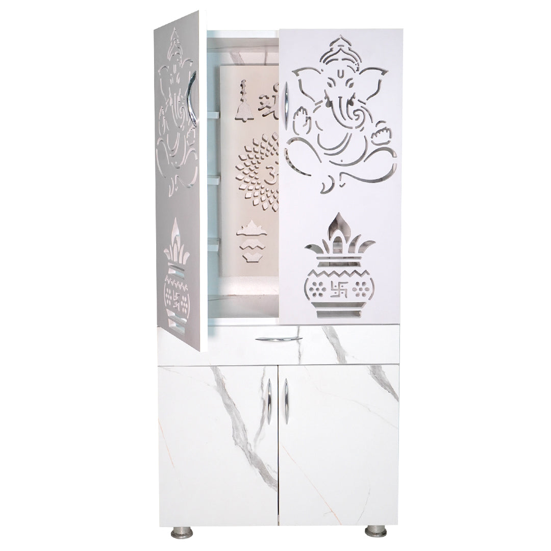 Wooden Mandir for Home with LED Shree Om Design & Storage | Modern White Pooja Cabinet with Ganesh Door