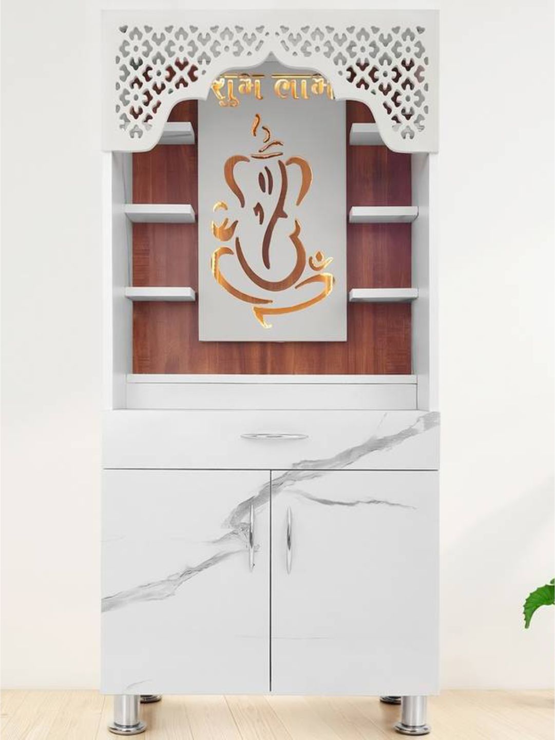 Modern White Marble-Finish Open Pooja Mandir With LED Ganesh