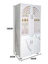 Premium Wooden Mandir for Home with LED Shree Om Panel & Hanging Bells | Modern White Pooja Cabinet with Storage