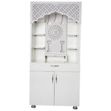 Modern White Wooden Mandir with LED Light & Bell Design – 130x60x34 cm | Home Temple with Storage Cabinet