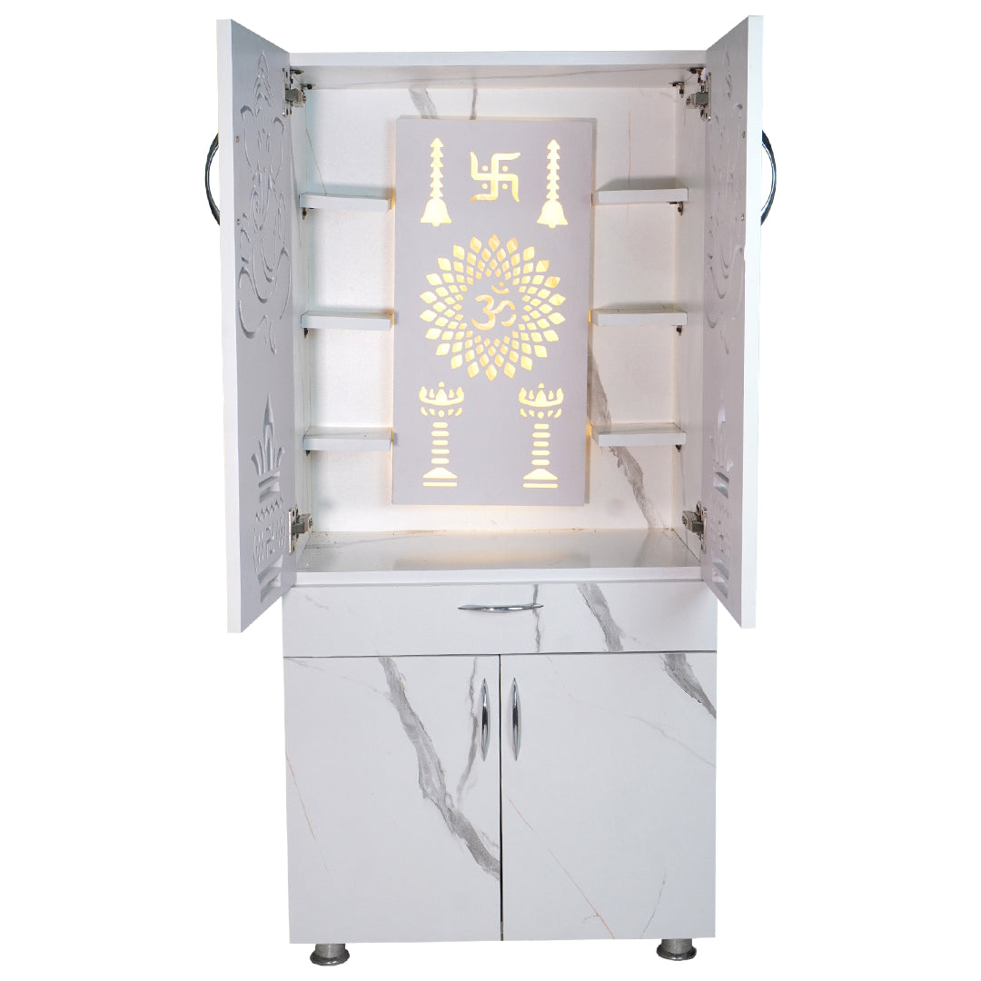 Wooden Mandir for Home with LED Light & Storage | Modern Pooja Cabinet with Ganesh Design & Marble Finish