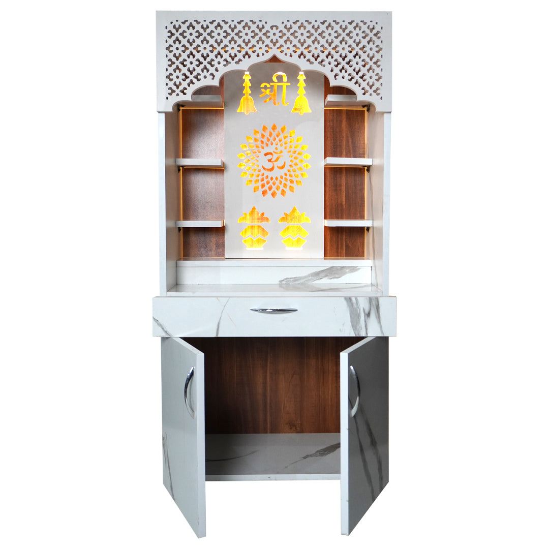 Luxury White Marble Wooden Temple with LED Back Panel – Shri Om Design Temple for Home (130x60x34 cm)