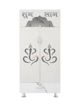 Marble Finish Wooden Mandir with Shubh Labh Carving & LED Light (60×34×130 CM) The Mandir Company