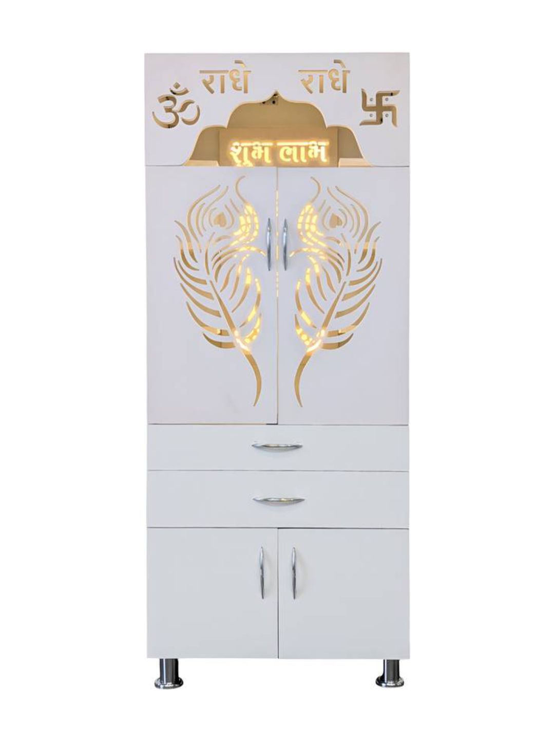 Modern White Standing Pooja Mandir With LED Backlit Jaali Doors