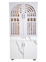 Modern Wooden Mandir for Home with LED Om Panel & Hanging Bells | Designer White Pooja Cabinet with Storage Drawer