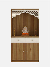 Wooden Pooja Mandir with Carved Arch and Storage