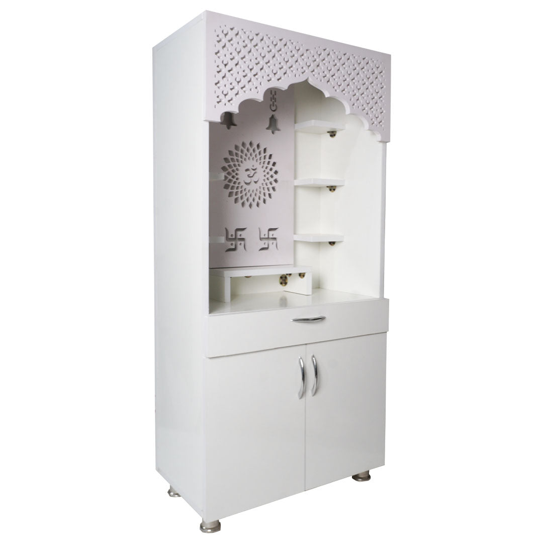 Modern White Wooden Mandir with LED Light – 130x60x34 cm | Home Temple with Storage Drawer & Shelves