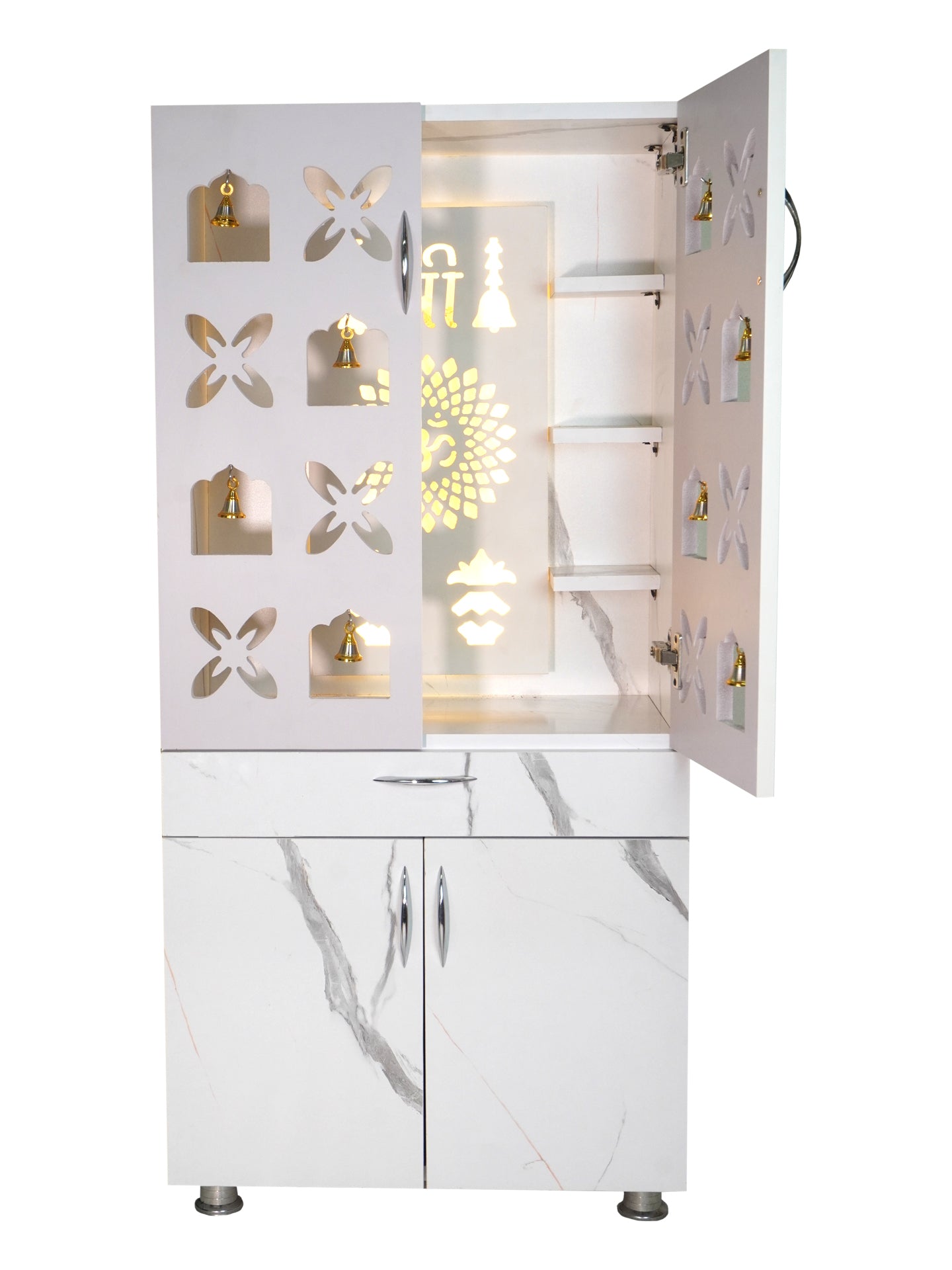 Luxury Wooden Mandir for Home with LED Shree Om Panel & Designer Bell Doors | Modern White Pooja Cabinet with Storage