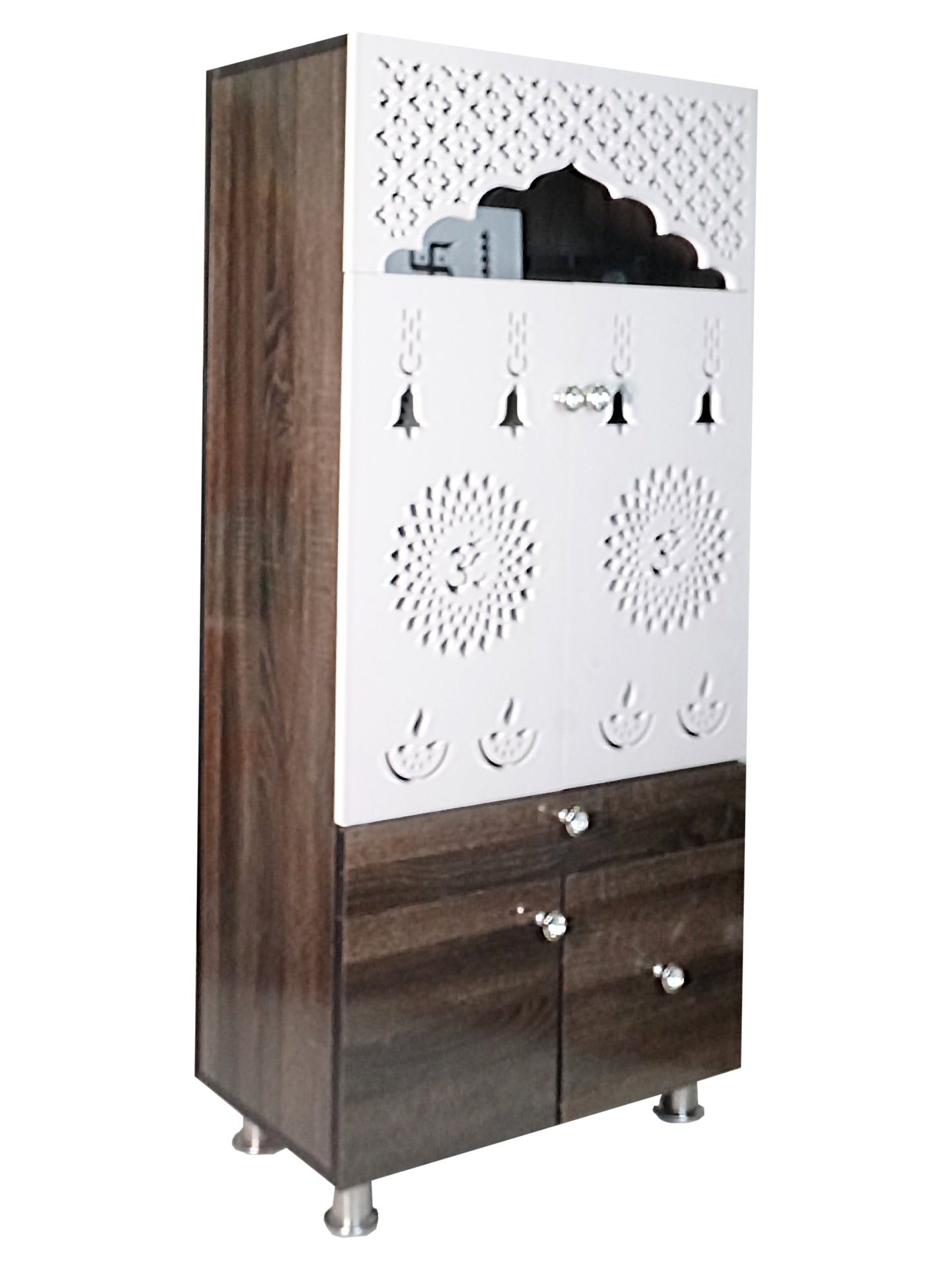 Wooden Pooja Mandir for Home with LED Light & Storage | Modern Temple Cabinet with Drawer & Shelves