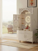 Marble Finish Wooden Mandir with LED Backlight & Storage The Mandir Company