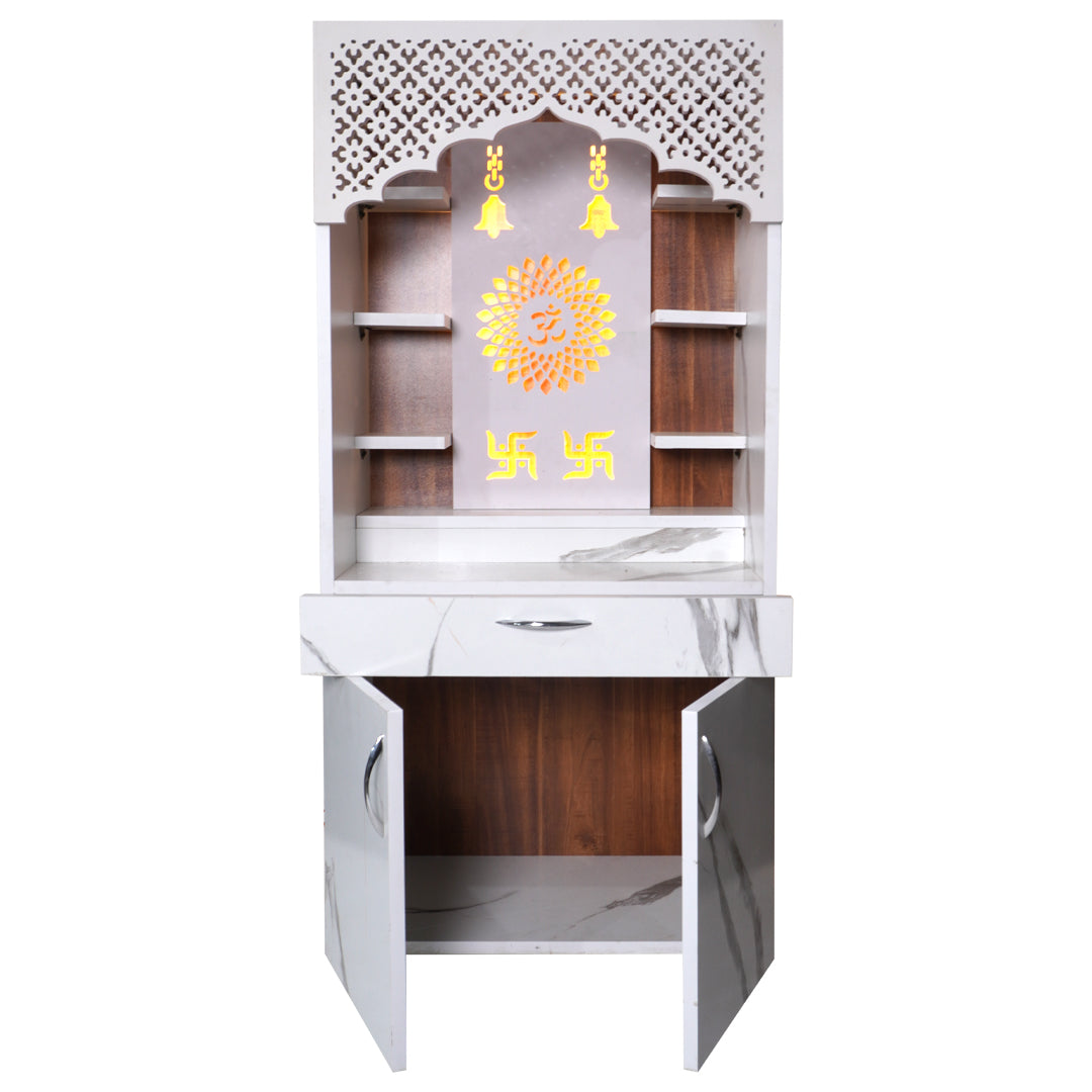 Modern Wooden Temple for Home with Storage | White Marble Finish Mandir with LED Om & Swastik Design – 130x60x34 cm