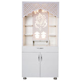 White Wooden Temple for Home with LED Ganesha Design | Modern Pooja Mandir with Storage | 130x60x34 cm | The Mandir Company