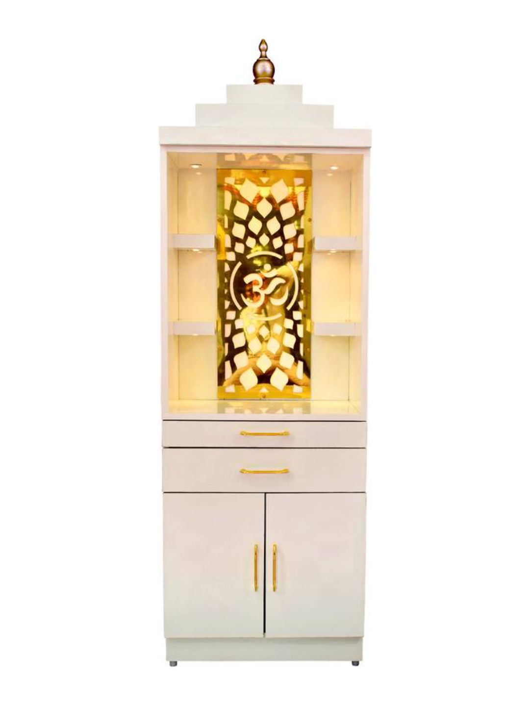Modern Standing Pooja Mandir With Golden Jaali and Dome Top