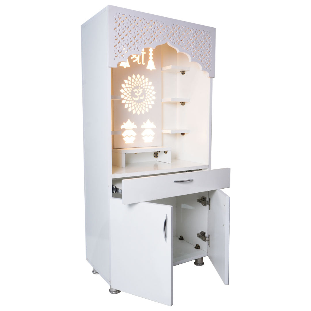 White Wooden Temple for Home with LED Shree & Om Lotus Design | Modern Pooja Mandir with Storage | 130x60x34 cm | The Mandir Company
