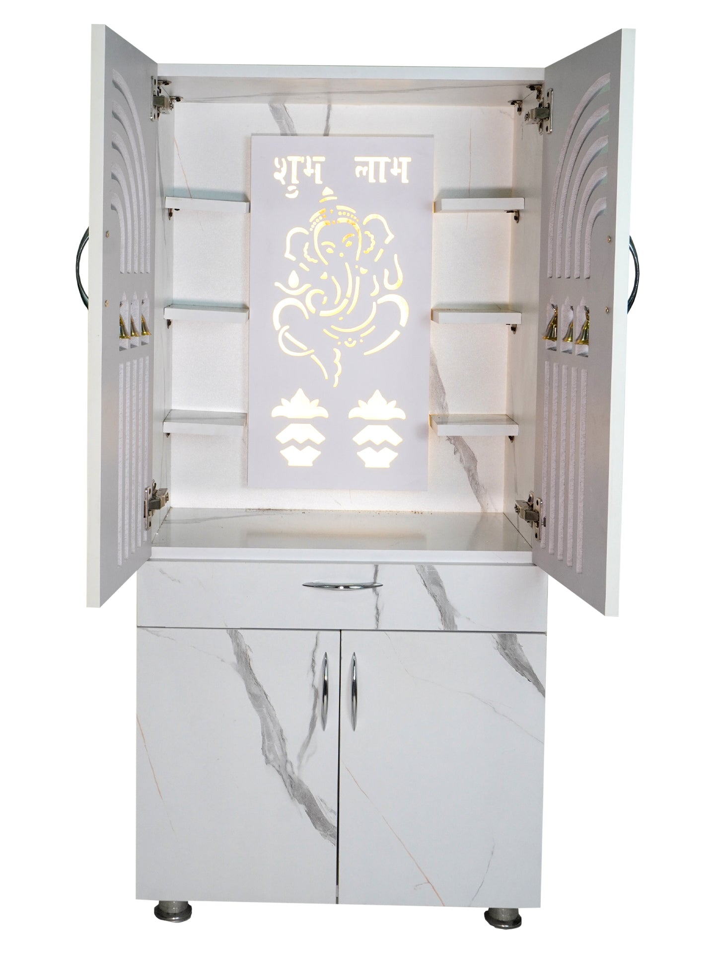 Luxury Wooden Mandir for Home with LED Ganesh & Shubh Labh Panel | Modern White Pooja Cabinet with Bells & Storage