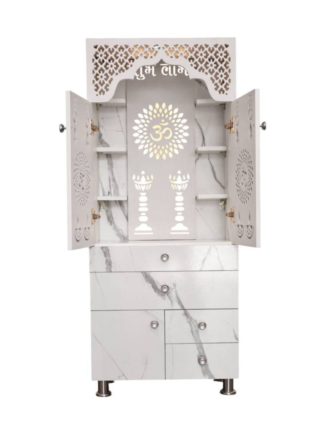 Modern Standing Pooja Mandir With Marble-Finish Design and Decorative Doors