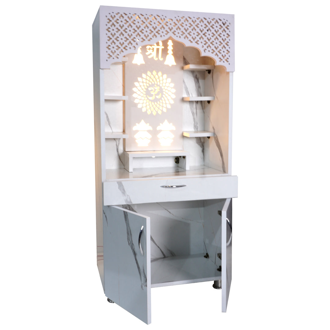 LED Wooden Mandir for Home – White & Brown Finish Temple with Shri Om Design (130x60x34 cm) | Modern Pooja Mandir with Storage