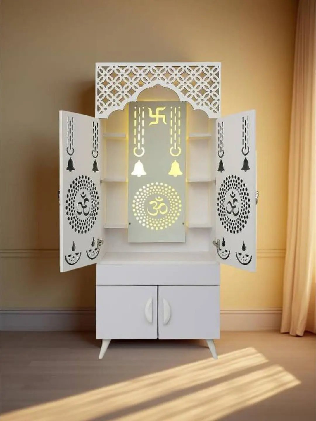 Premium Wooden Mandir with LED Backlight (White Finish) The Mandir Company