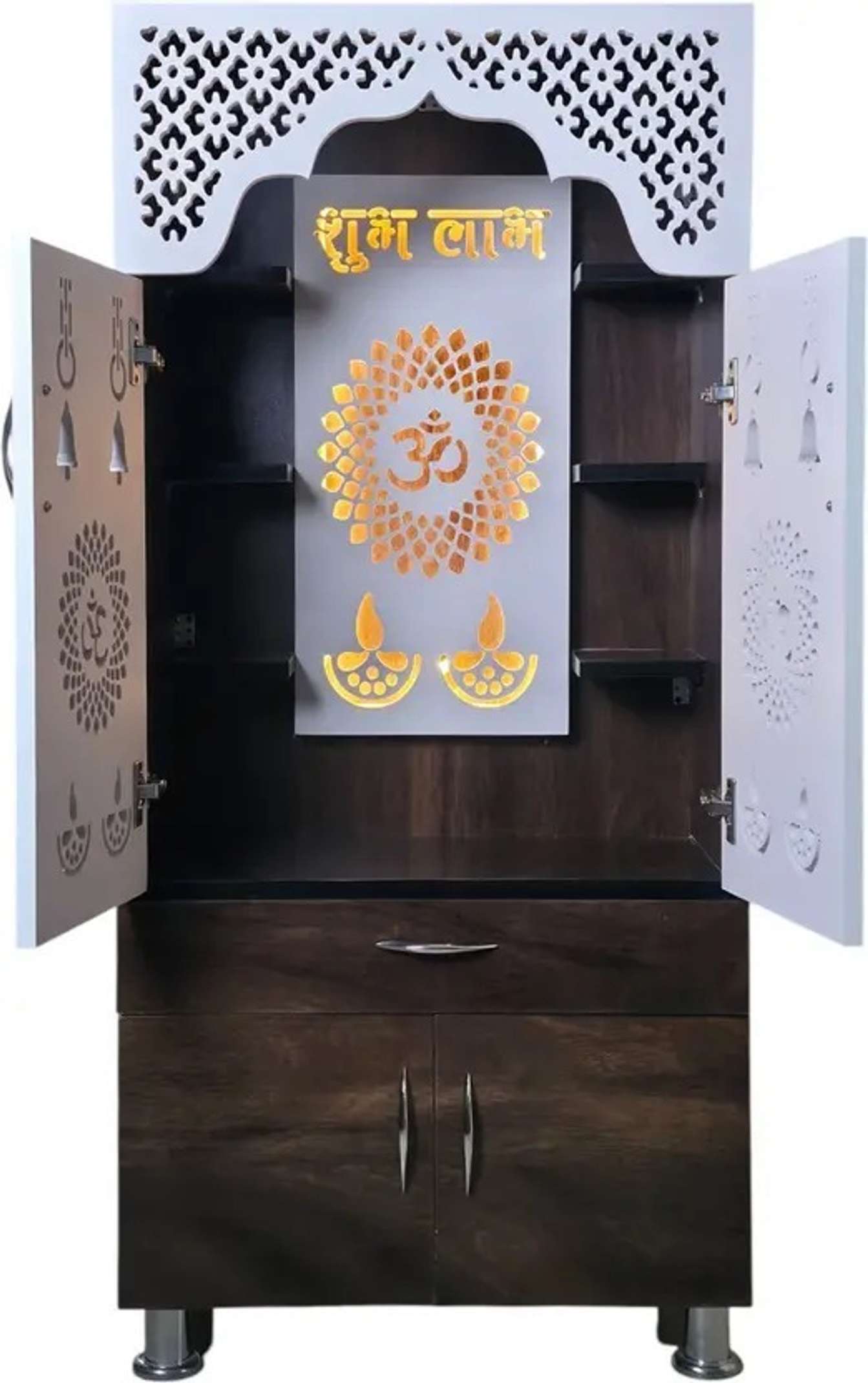 Designer Wooden Mandir with LED Light – White, Brown & Black Temple for Home with Storage Unit (130 cm Height)