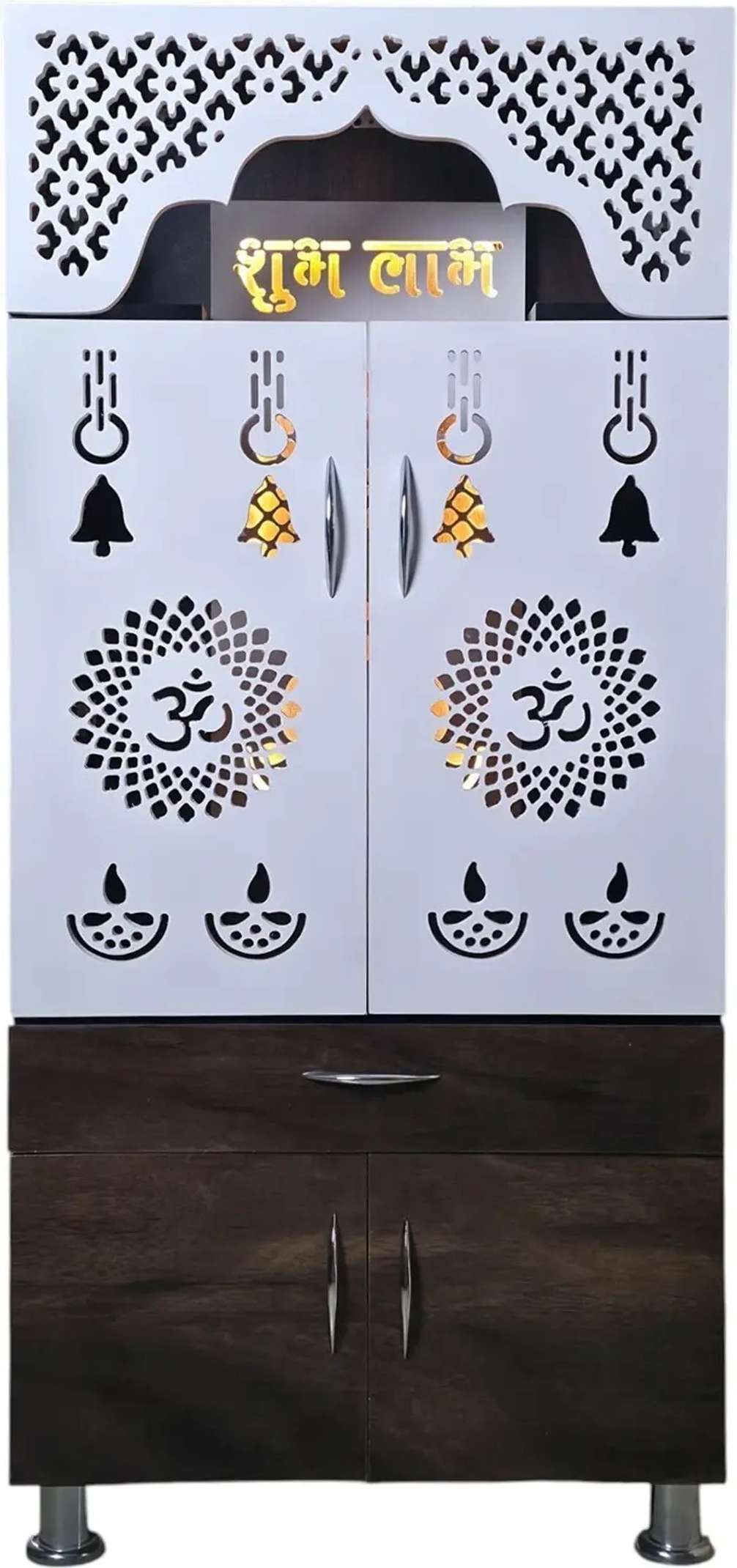 Designer Wooden Mandir with LED Light – White, Brown & Black Temple for Home with Storage Unit (130 cm Height)