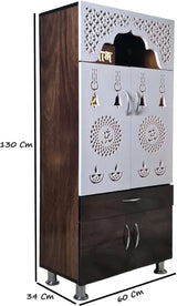 Designer Wooden Mandir with LED Light – White, Brown & Black Temple for Home with Storage Unit (130 cm Height)