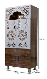 Designer Wooden Mandir with LED Light – White, Brown & Black Temple for Home with Storage Unit (130 cm Height)
