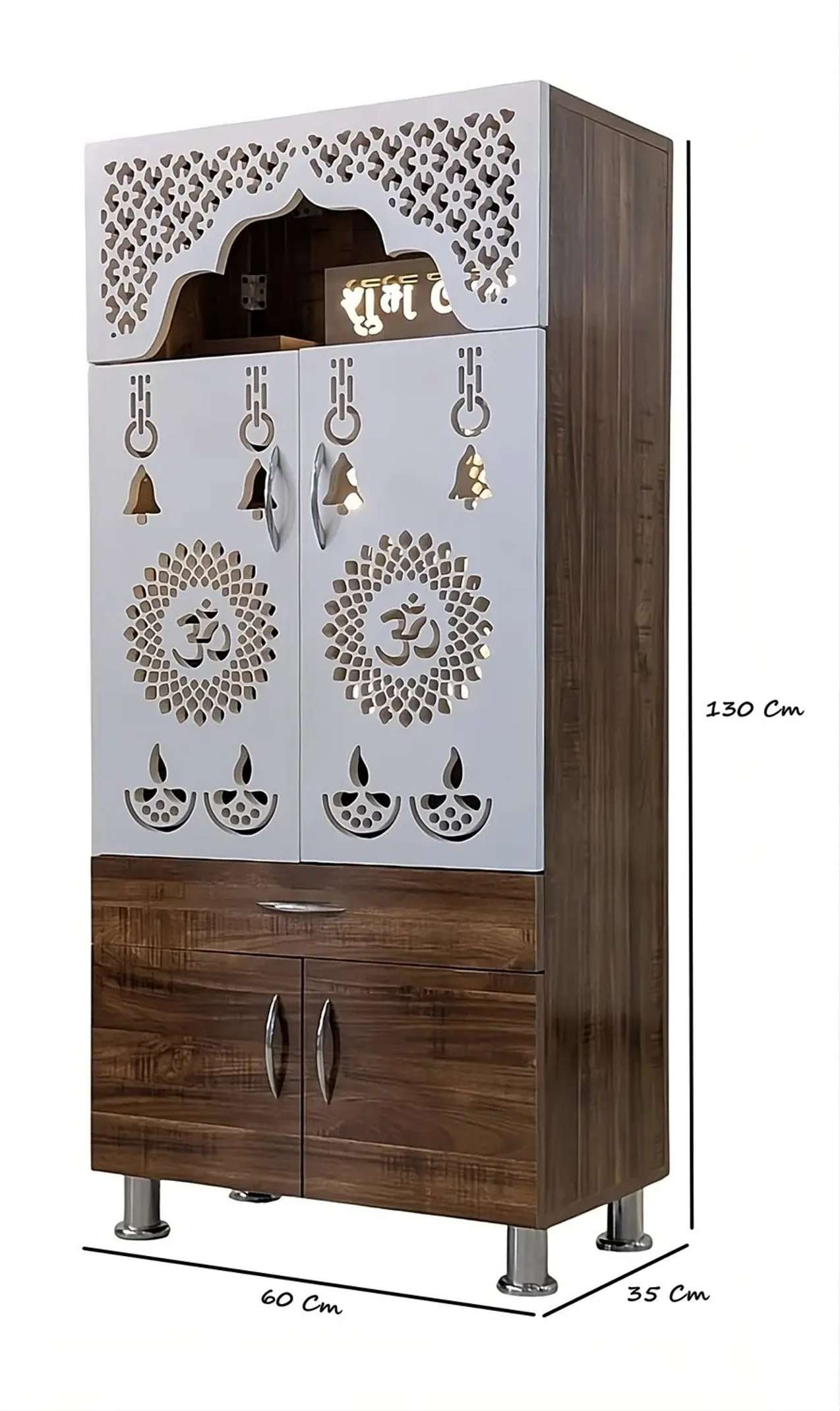 Designer Wooden Mandir with LED Light – White, Brown & Black Temple for Home with Storage Unit (130 cm Height)
