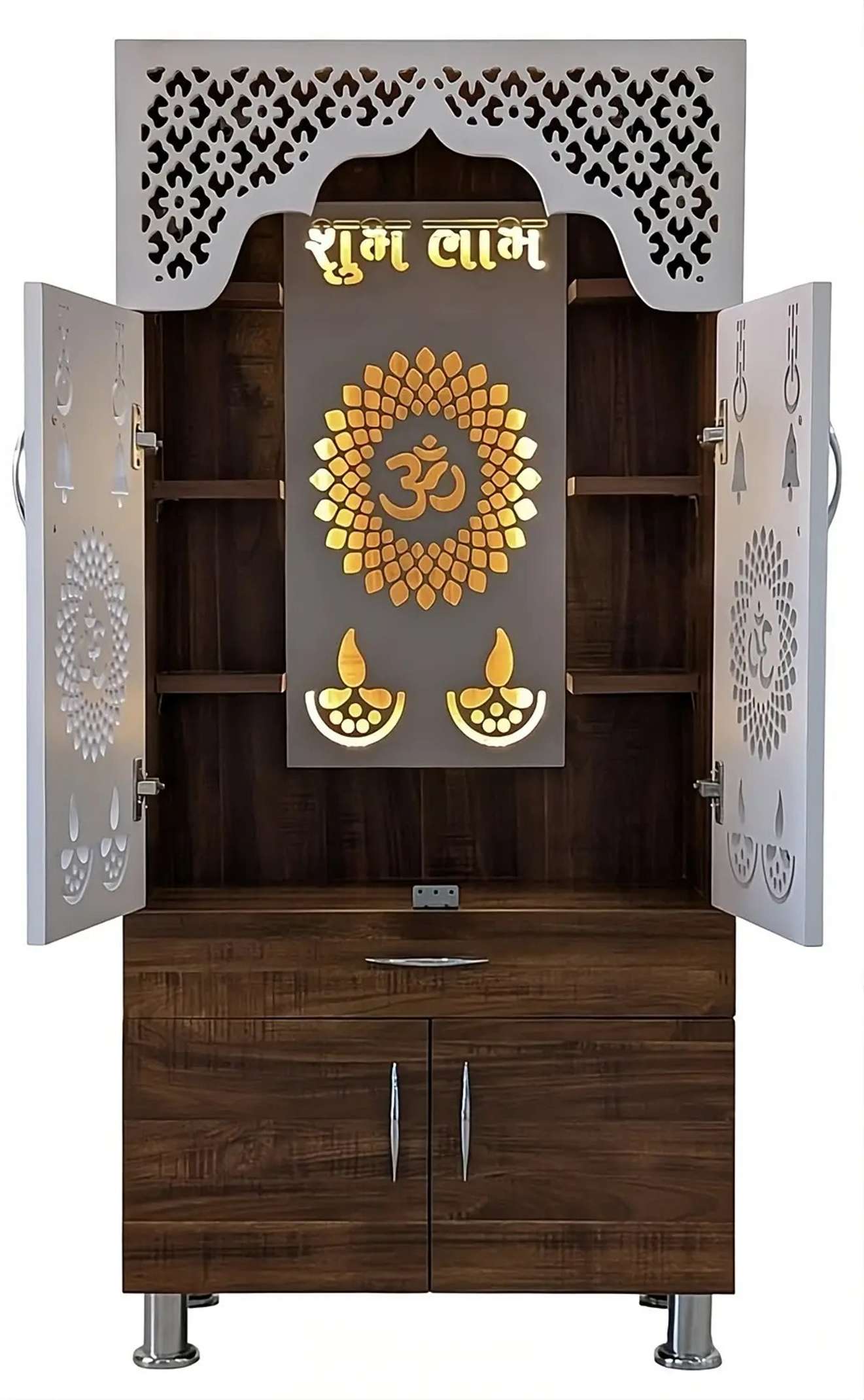 Designer Wooden Mandir with LED Light – White, Brown & Black Temple for Home with Storage Unit (130 cm Height)