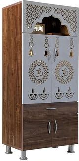 Designer Wooden Mandir with LED Light – White, Brown & Black Temple for Home with Storage Unit (130 cm Height)