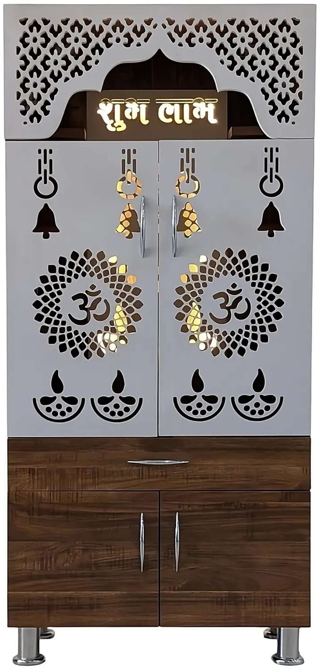 Designer Wooden Mandir with LED Light – White, Brown & Black Temple for Home with Storage Unit (130 cm Height)