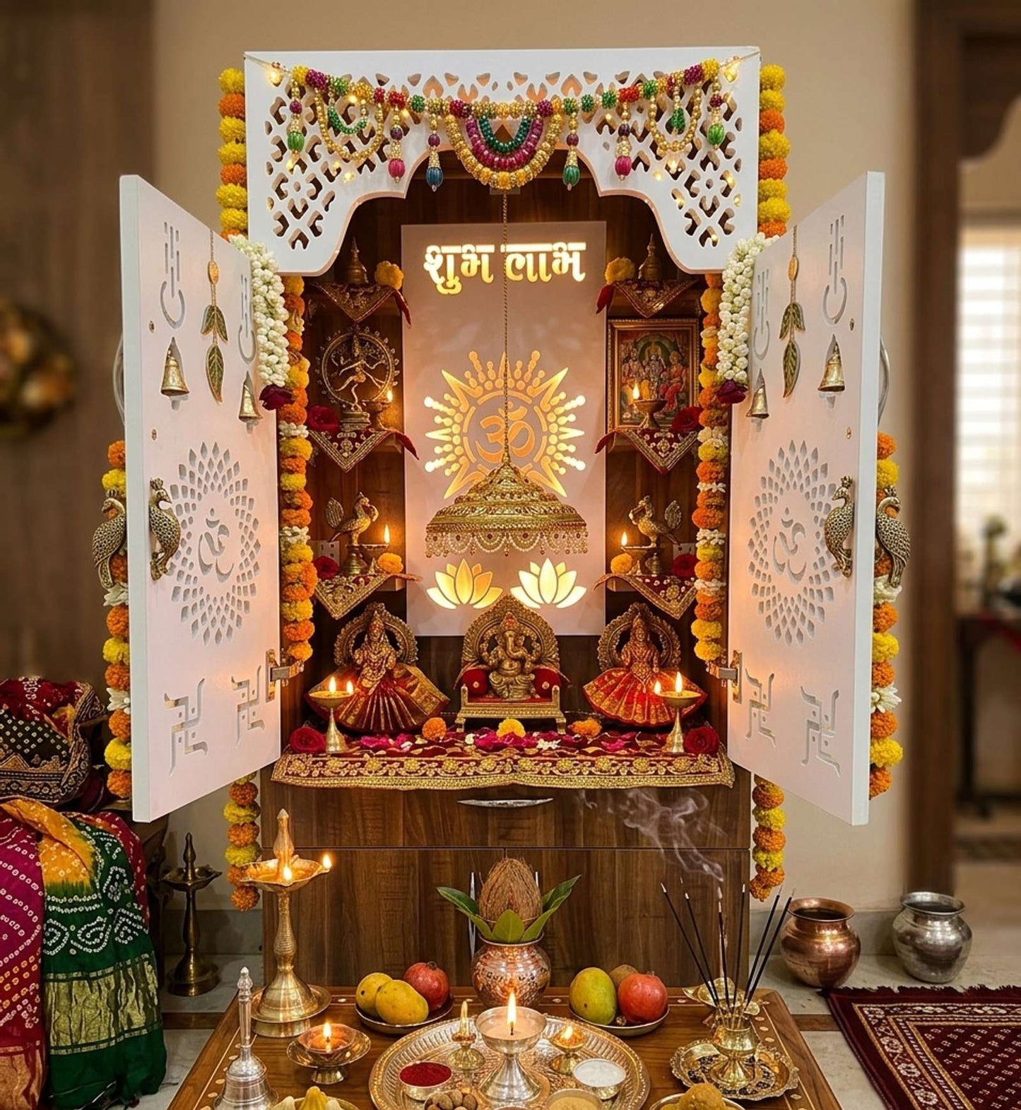 LED Wooden Temple For Home with Doors & Storage Cabinet | White & Brown Home Temple Unit (130x60x34 cm)