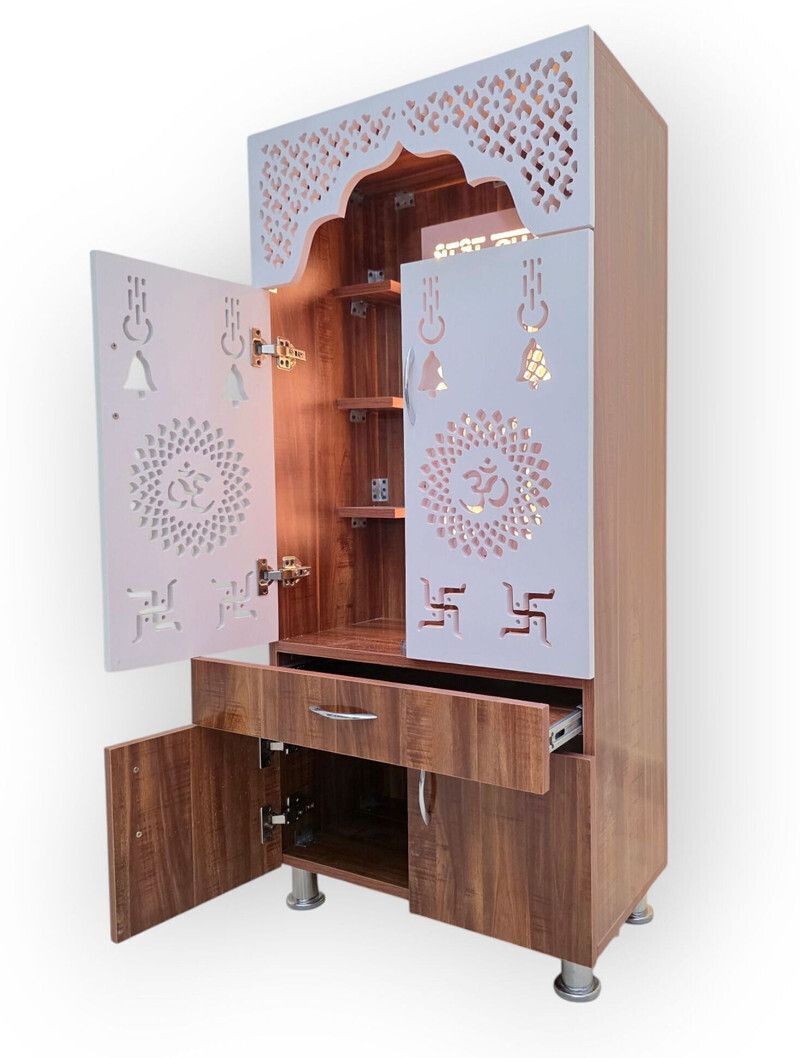 LED Wooden Temple For Home with Doors & Storage Cabinet | White & Brown Home Temple Unit (130x60x34 cm)