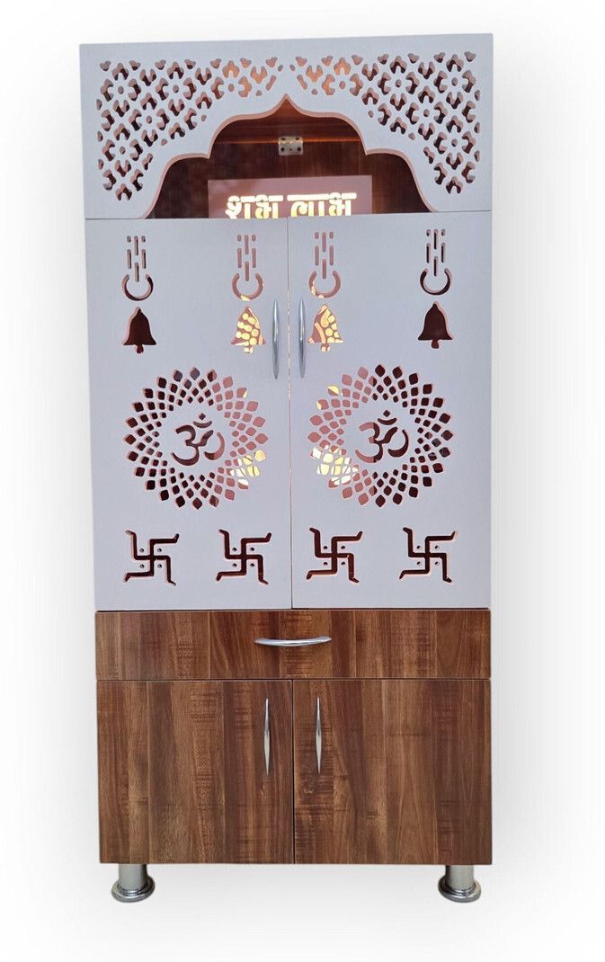 LED Wooden Temple For Home with Doors & Storage Cabinet | White & Brown Home Temple Unit (130x60x34 cm)