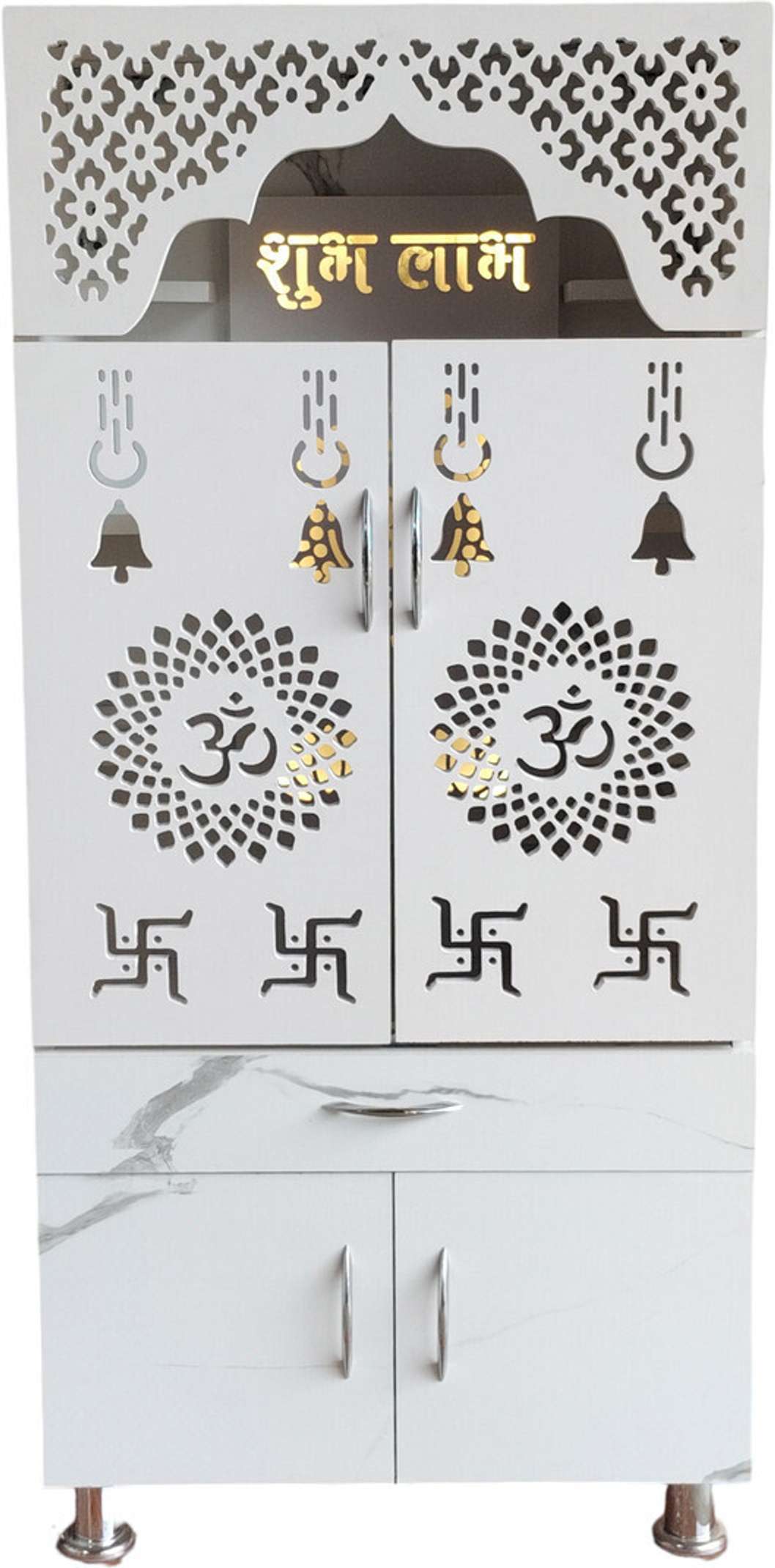 LED Wooden Temple For Home with Doors & Storage Cabinet | White & Brown Home Temple Unit (130x60x34 cm)