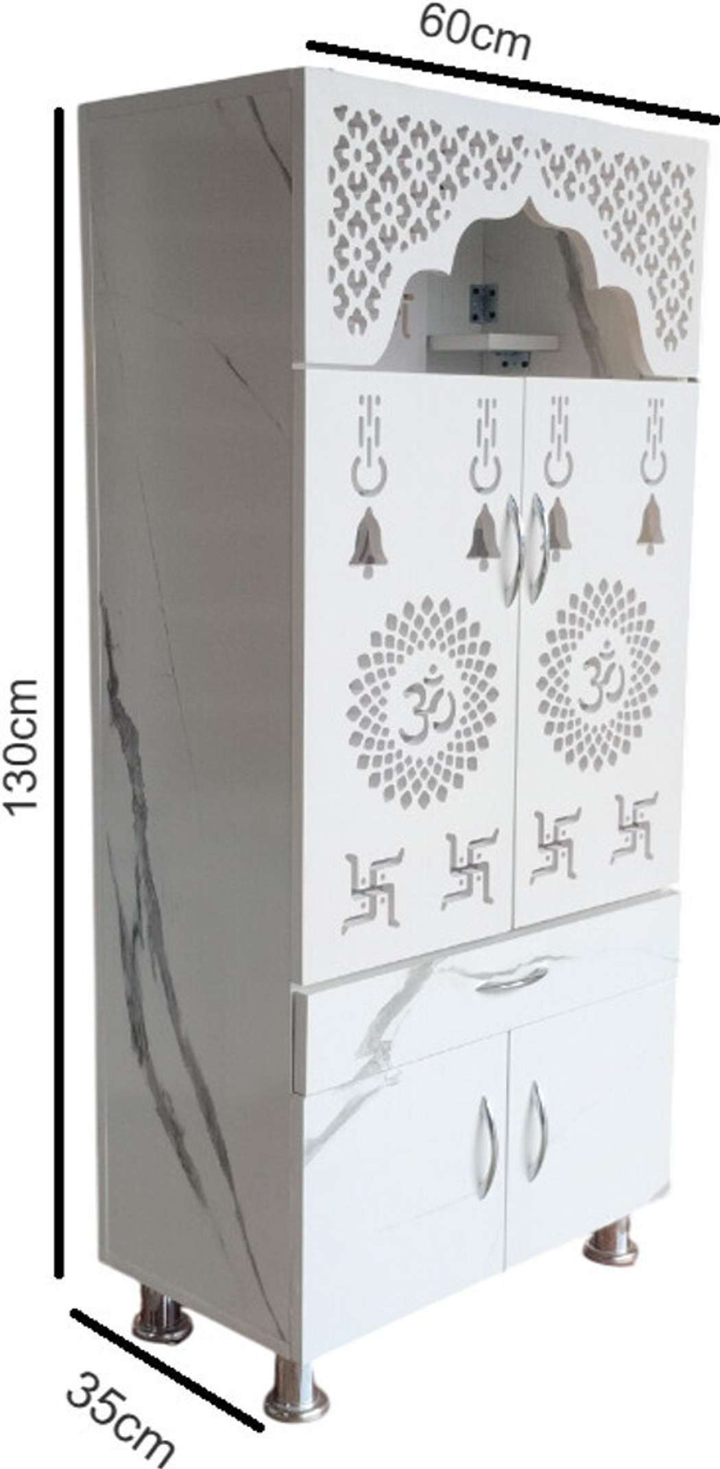 LED Wooden Temple For Home with Doors & Storage Cabinet | White & Brown Home Temple Unit (130x60x34 cm)