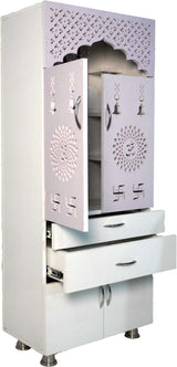 Wooden Home Mandir with LED Light & Storage Drawers – White, Brown & Black Temple Unit (145x60x34 cm) Modern Pooja Cabinet